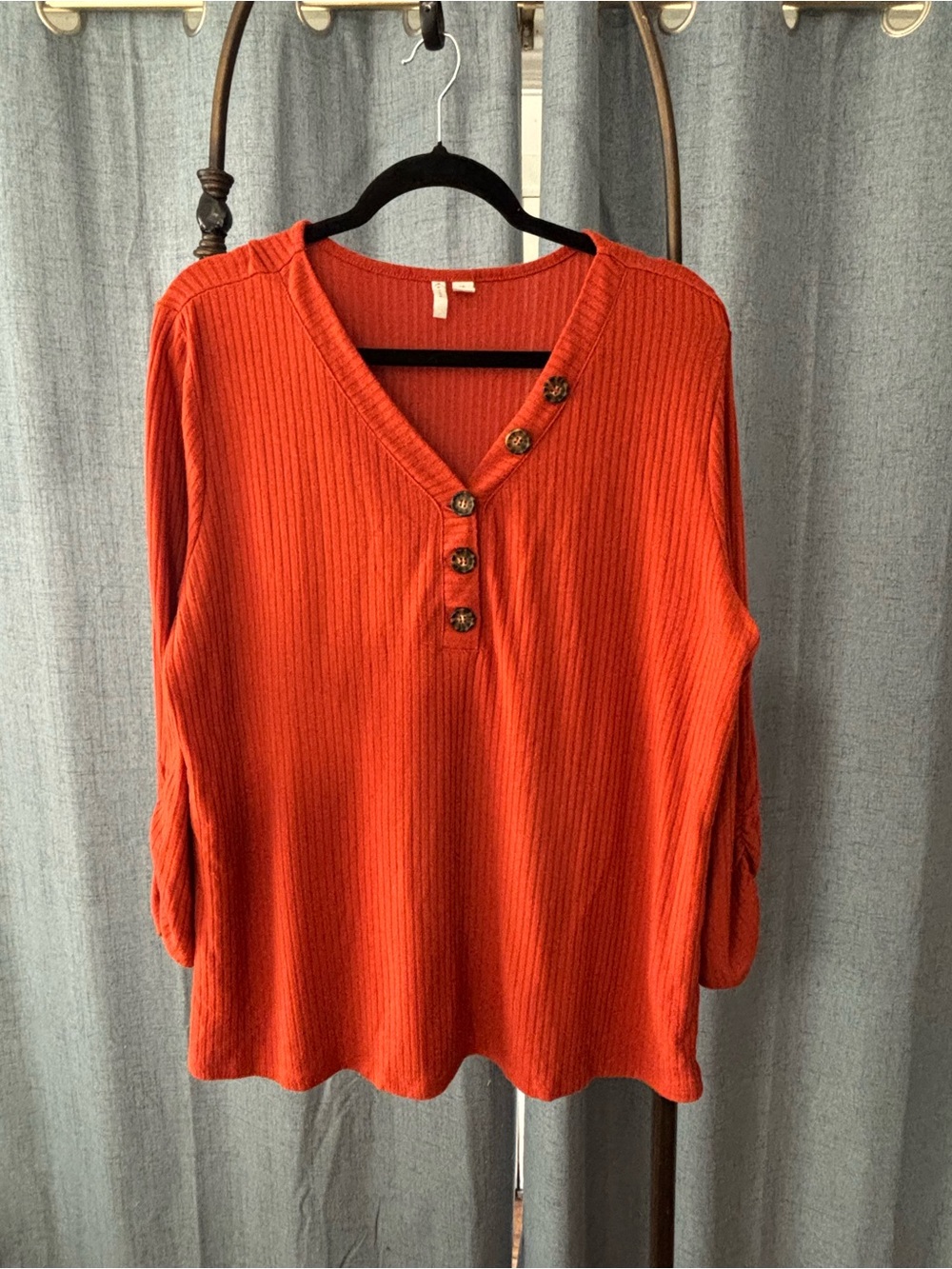 Women's Ribbed V-Neck Long Sleeve Button Top - Rust Orange